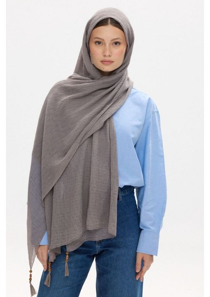 Freya Müslin Antrasit Püsküllü Bürümcük Pamuklu Şal fiyatları