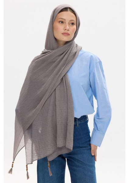 Freya Müslin Antrasit Püsküllü Bürümcük Pamuklu Şal modelleri