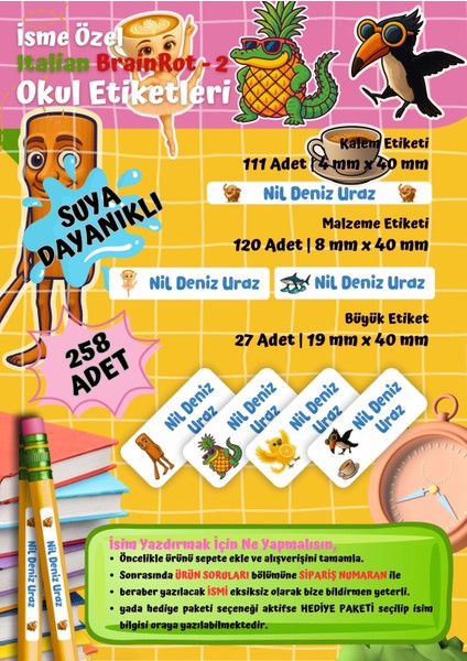 Italian Brainrot (Kız) Temalı Kişiye Özel Suya Dayanıklı Okul Etiketi Seti – 258 Adet Isimli Çıkartma