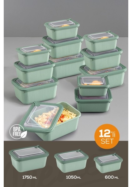 12'li Yeşil Dikdörtgen Mikrodalga ve Dondurucu Uygun Saklama Kabı Seti
