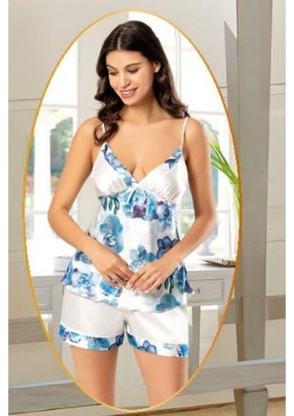 2155 Kadın Mavı Saten Empirme Sabahlıklı 4'lü Pijama Takım fırsatları