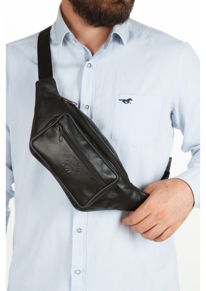 Hakiki Deri Ayarlanabilir Askı Crossbody Omuz Göğüs ve Bel Çantası NEWPOLO349 - Siyah