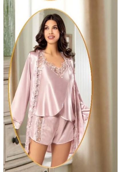 2165 Kadın Pudra Saten Empirme Sabahlıklı 4'lü Pijama Takım modelleri