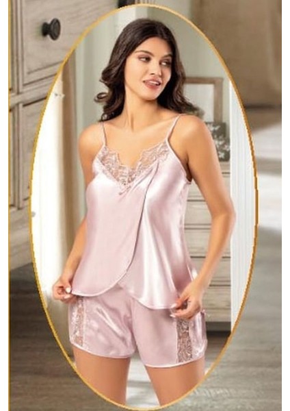 2165 Kadın Pudra Saten Empirme Sabahlıklı 4'lü Pijama Takım fırsatları