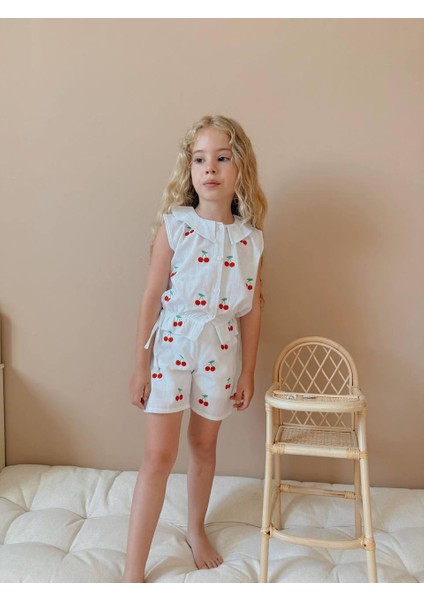 Yigit Butik Kiraz Nakışlı Keten Kumaş Kız Çocuk Takım