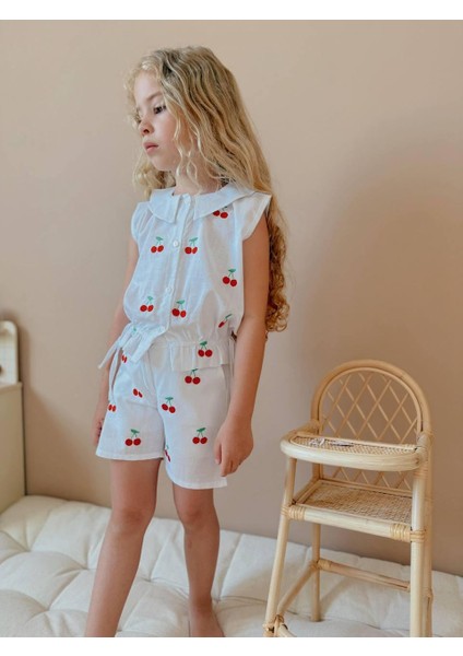 Yigit Butik Kiraz Nakışlı Keten Kumaş Kız Çocuk Takım modelleri