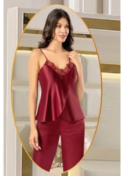 2165 Kadın Bordo Saten Empirme Sabahlıklı 4'lü Pijama Takım fiyatları