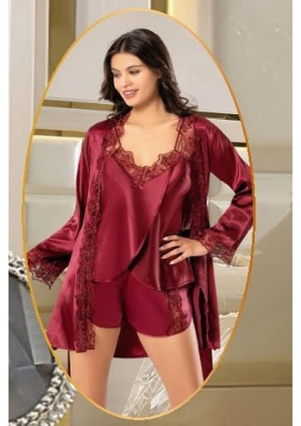 2165 Kadın Bordo Saten Empirme Sabahlıklı 4'lü Pijama Takım modelleri