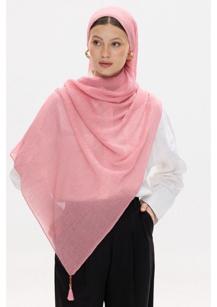 Freya Müslin Şeker Pembe Püsküllü Bürümcük Pamuklu Şal