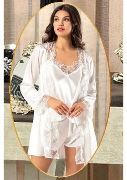 2165 Kadın Ekru Saten Empirme Sabahlıklı 4'lü Pijama Takım modelleri