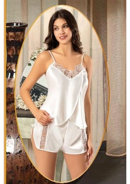 2165 Kadın Ekru Saten Empirme Sabahlıklı 4'lü Pijama Takım fırsatları