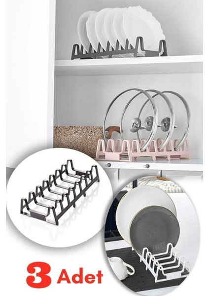 Gri 3'lü 7 Bölmeli Dolap Içi Tencere ve Tabak Organizatörü, Düzenleyici, Kurutmalık