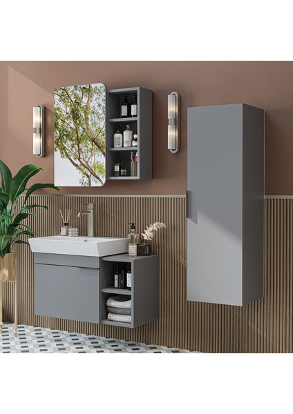Likya Kapaklı Açık Raflı Mdflam Lavabolu 82 cm Banyo Alt Dolabı +Banyo Üst Dolabı + Banyo Boy Dolabı
