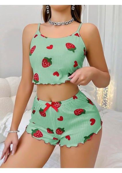 - Pamuklu Yeşil Üstüne Çilek Desen Fitilli Askılı Şortlu Pijama Takımı fiyatları