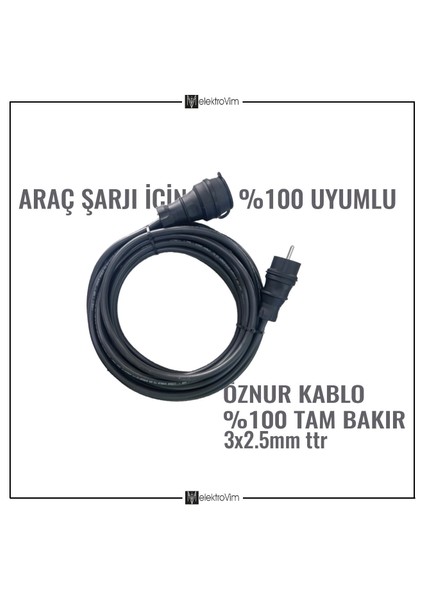 Evden Elektrikli Araba Şarj Uzatma Kablosu Topraklı Bakır 3x2.5 mm Ttr