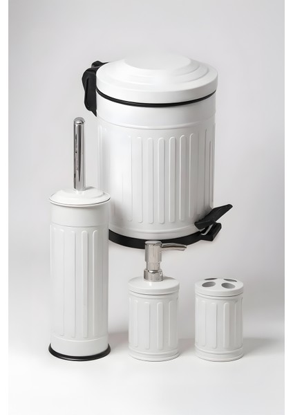 Vintage 4'lü Çöp Kovası Banyo Seti Çizgili