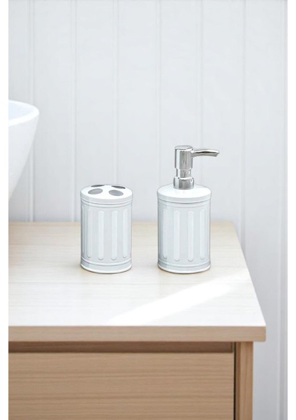 Vintage 4'lü Çöp Kovası Banyo Seti Çizgili