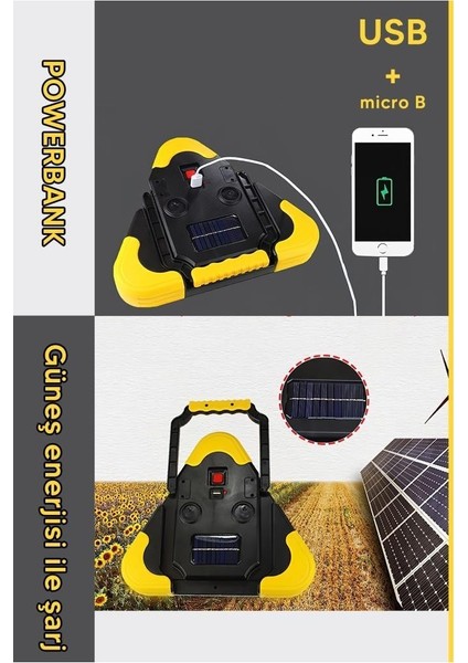 Güneş Enerjili Şarjlı Çok Fonksiyonlu Araç Reflektör 4 Mod Güçlü Aydınlatma Powerbank Özellikli