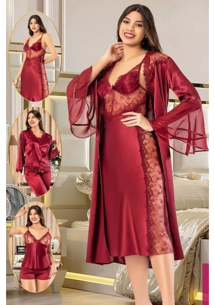 1005 Kadın Bordo Çeyizlik Dantelli Saten 6 Lı Takım