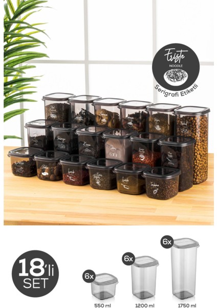 Serigrafi Baskılı Kare Saklama Kabı Takımı, 6'lı, 0,55-1,75 L, Antrasit