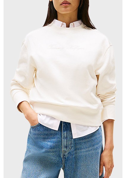 Pamuklu Regular Fit Bisiklet Yaka Logolu Sweat Bayan Sweat WW0WW47159 Ya8