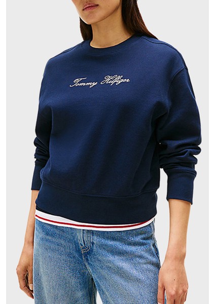 Pamuklu Regular Fit Bisiklet Yaka Logolu Sweat Bayan Sweat WW0WW47159 C1G