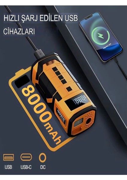 8000MAH Akü Takviyeli Taşınabilir Hava Kompresörü LED Ekranlı Elektrikli Lastik Pompası | Scooter, Araba, Bisiklet Için modelleri