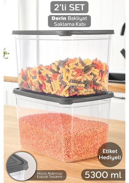 2'li Şeffaf Derin Saklama Kabı, 5300 Ml, Etiketli, Bakliyat ve Un Saklama Kutusu