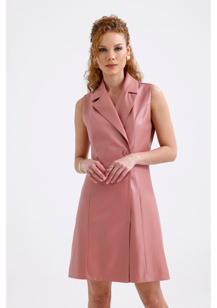 Suni Deri Astarlı Kruvaze Ceket Elbise ELB35943 Pudra