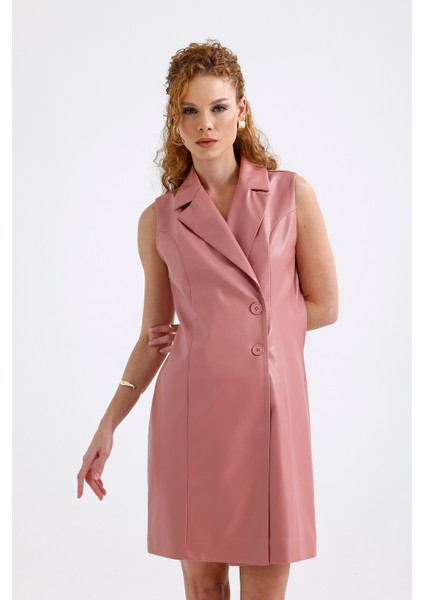 Suni Deri Astarlı Kruvaze Ceket Elbise ELB35943 Pudra modelleri