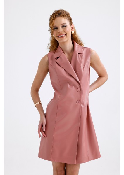 Suni Deri Astarlı Kruvaze Ceket Elbise ELB35943 Pudra