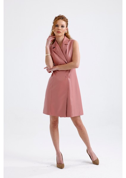 Suni Deri Astarlı Kruvaze Ceket Elbise ELB35943 Pudra