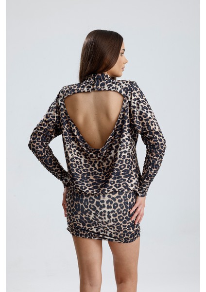 Sırt Dekolte Büzgülü Sandy Abiye Elbise | ELB36127 Leopar Desenli