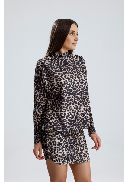 Sırt Dekolte Büzgülü Sandy Abiye Elbise | ELB36127 Leopar Desenli modelleri