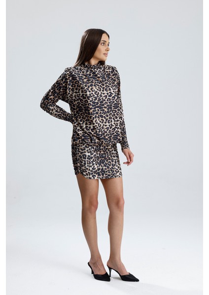 Sırt Dekolte Büzgülü Sandy Abiye Elbise | ELB36127 Leopar Desenli fırsatları