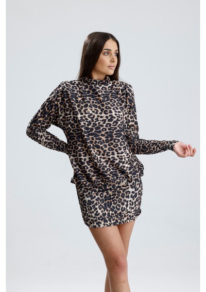 Sırt Dekolte Büzgülü Sandy Abiye Elbise | ELB36127 Leopar Desenli indirimleri