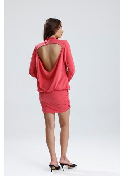 Sırt Dekolte Büzgülü Sandy Abiye Elbise | ELB36127 Mercan