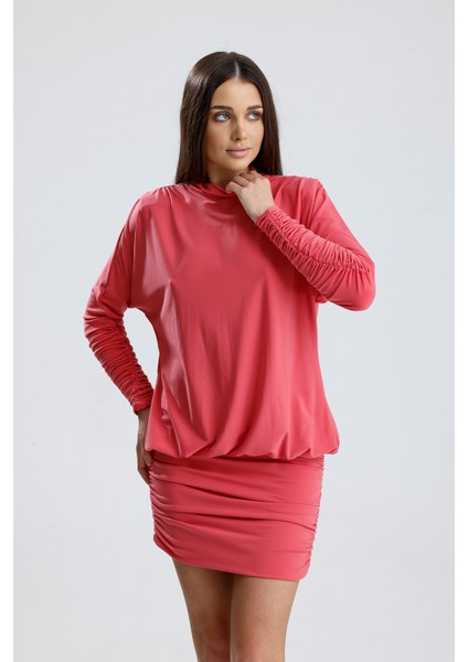 Sırt Dekolte Büzgülü Sandy Abiye Elbise | ELB36127 Mercan