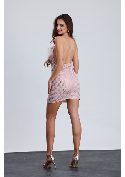 Degaje Yaka Kolsuz Buzy Payet Abiye Elbise | ELB36124 Pudra fırsatları