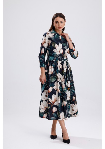 Yeşil Zemin Beyaz Çiçekli Önü Düğmeli Uzun Elbise | ELB36266 Beyaz Çiçekli