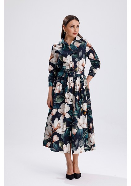 Yeşil Zemin Beyaz Çiçekli Önü Düğmeli Uzun Elbise | ELB36266 Beyaz Çiçekli fiyatları