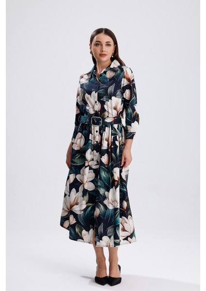 Yeşil Zemin Beyaz Çiçekli Önü Düğmeli Uzun Elbise | ELB36266 Beyaz Çiçekli modelleri