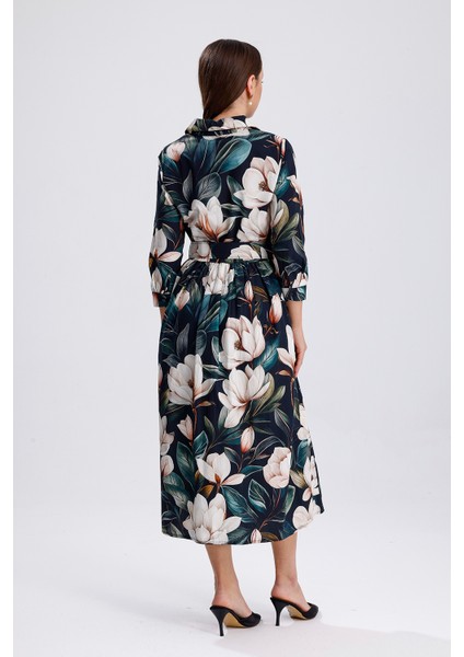 Yeşil Zemin Beyaz Çiçekli Önü Düğmeli Uzun Elbise | ELB36266 Beyaz Çiçekli fırsatları