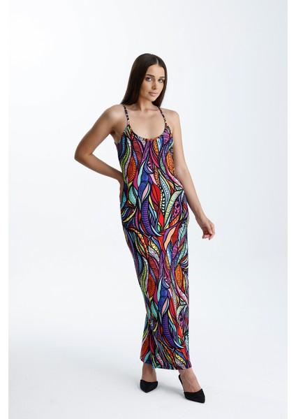 Yırtmaçlı Askılı Likralı Viskon Elbise | ELB35782 Şal Desenli