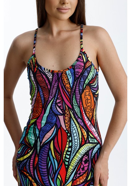 Yırtmaçlı Askılı Likralı Viskon Elbise | ELB35782 Şal Desenli fiyatları