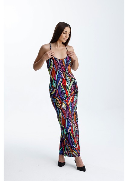 Yırtmaçlı Askılı Likralı Viskon Elbise | ELB35782 Şal Desenli modelleri