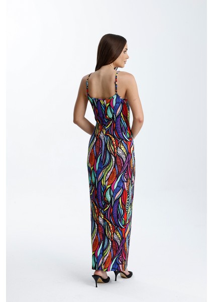 Yırtmaçlı Askılı Likralı Viskon Elbise | ELB35782 Şal Desenli indirimleri