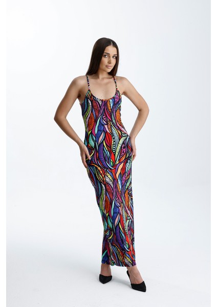 Yırtmaçlı Askılı Likralı Viskon Elbise | ELB35782 Şal Desenli