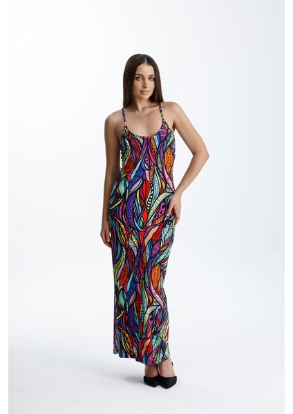 Yırtmaçlı Askılı Likralı Viskon Elbise | ELB35782 Şal Desenli