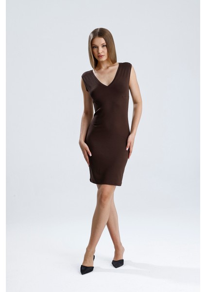V Yaka Kolsuz Viskon Elbise | ELB35023 Kahve